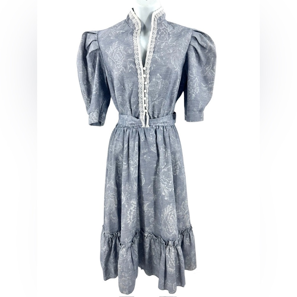 Vintage Pea Patch Prairie Dress Womens 11/12 Beaded Lace Pearl Puff Cottage USA - Picture 2 of 13